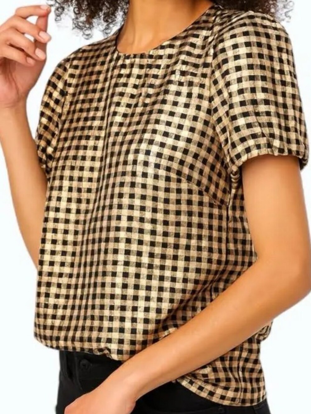 J Crew Metallic Black and Gold Checkered Top
